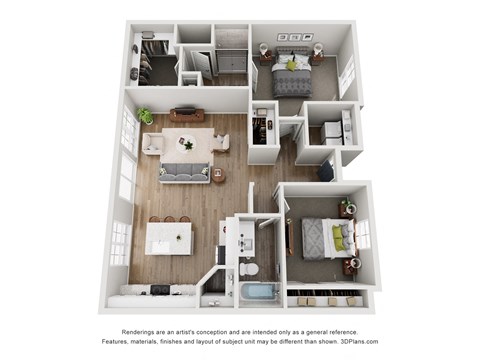 a stylized floor plan of a 1 bedroom floor plan